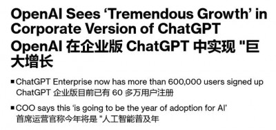 3 个月增长 300%，OpenAI 企业版 ChatGPT 用户规模突破 60 万